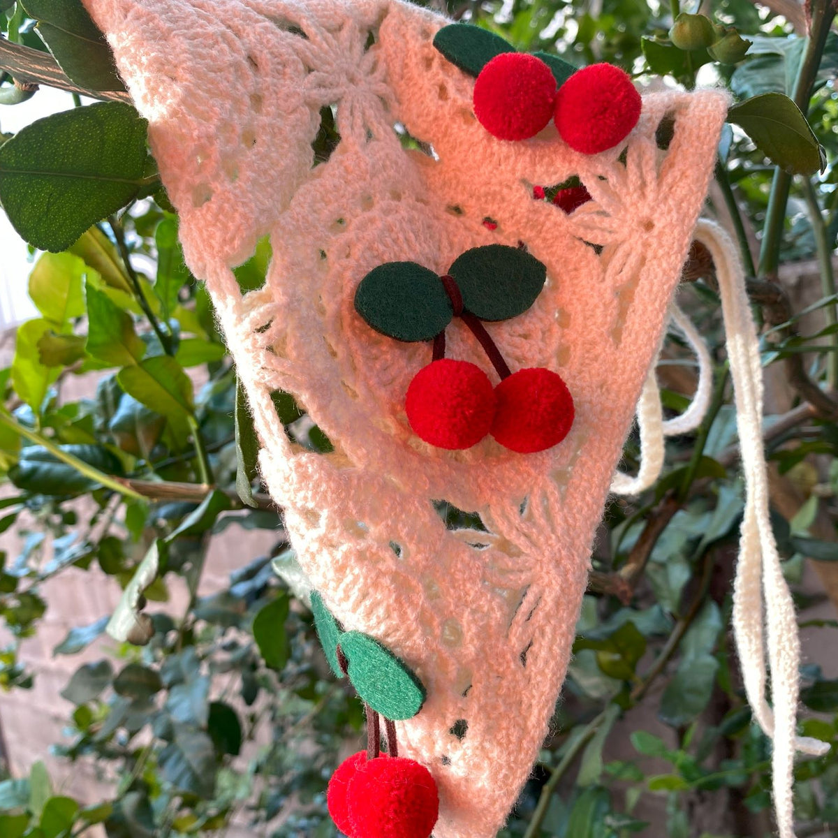 Cream Crochet Hair Scarf with Red Cherry Embroidery Cherry Bandana Crochet Pattern - Etsy main image 4